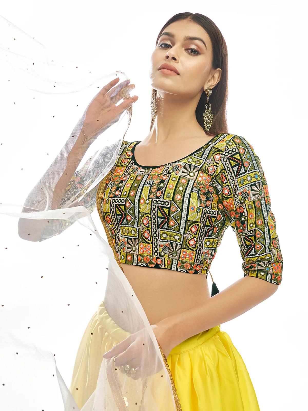 Odette Women Multicolored Embroidered Velvet Semi Stitched Lehenga With Unstitched Blouse - Image 3