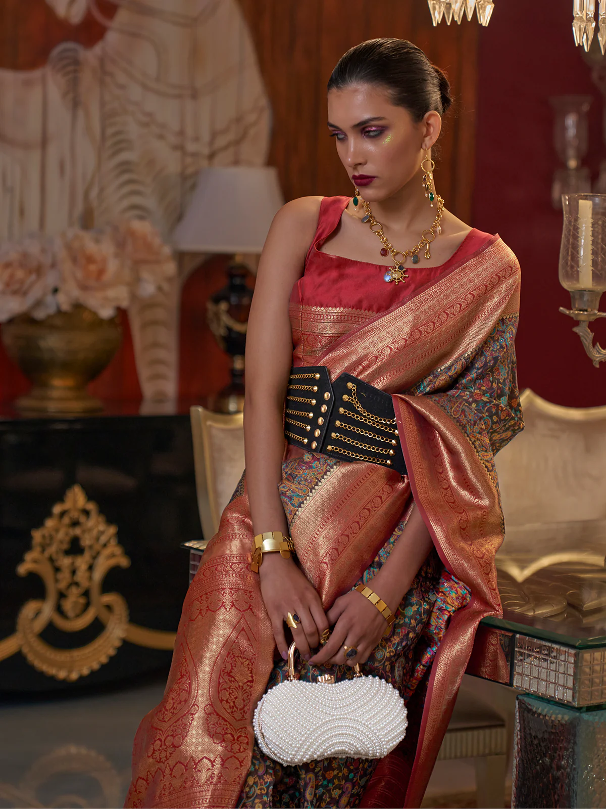 Odette Women Black Modal Woven Saree With Unstitched Blouse - Image 2