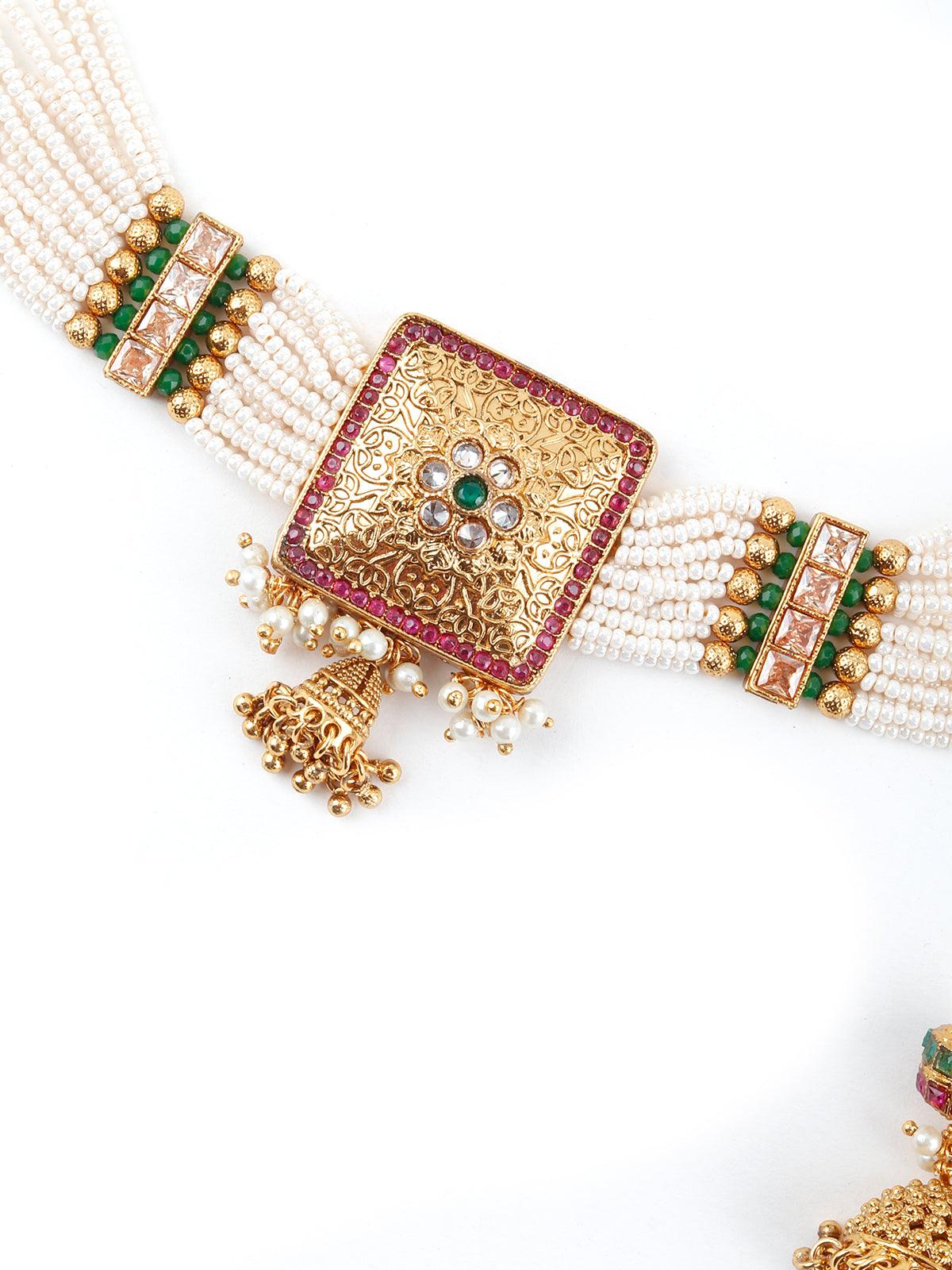 Odette Women Multi String White Pearl And Gold Choker Necklace Set - Image 4
