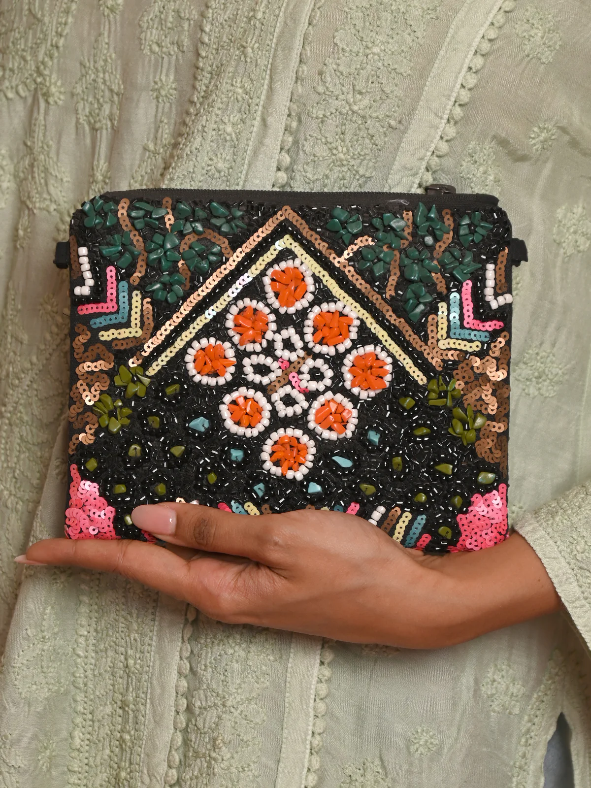 Odette Women Multicolor Beads And Sequins Embroidered Clutch - Image 2