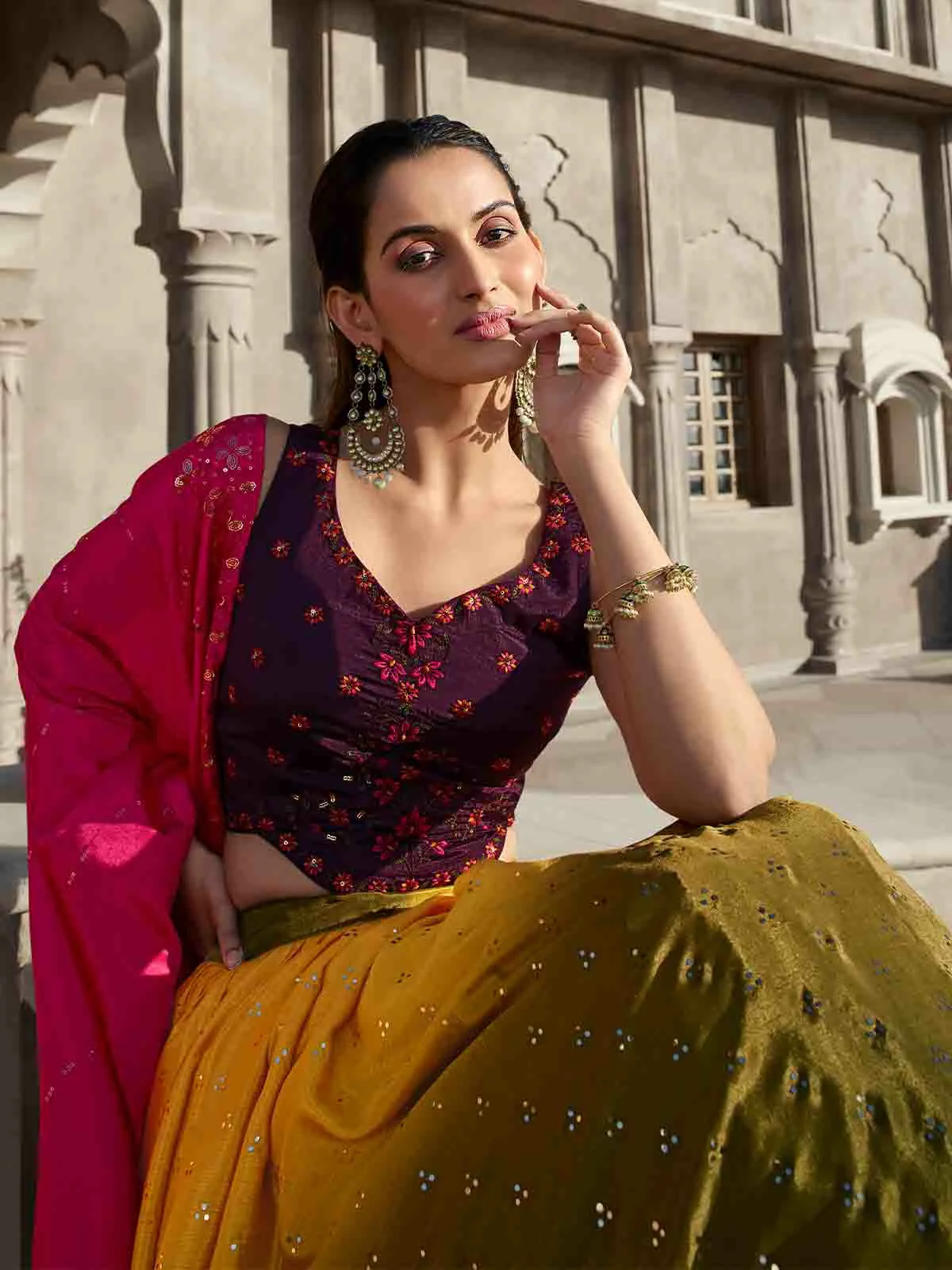 Odette Women Multicolor Georgette Embroidered Semi Stitched Lehenga With Unstitched Blouse - Image 2