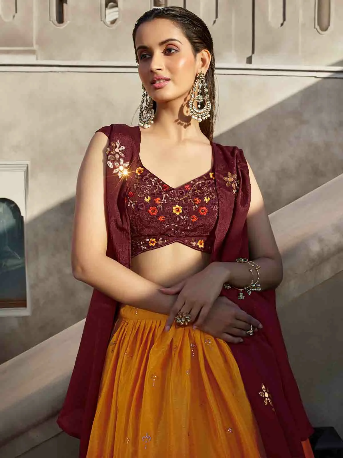 Odette Women Multicolor Georgette Embroidered Semi Stitched Lehenga With Unstitched Blouse - Image 2