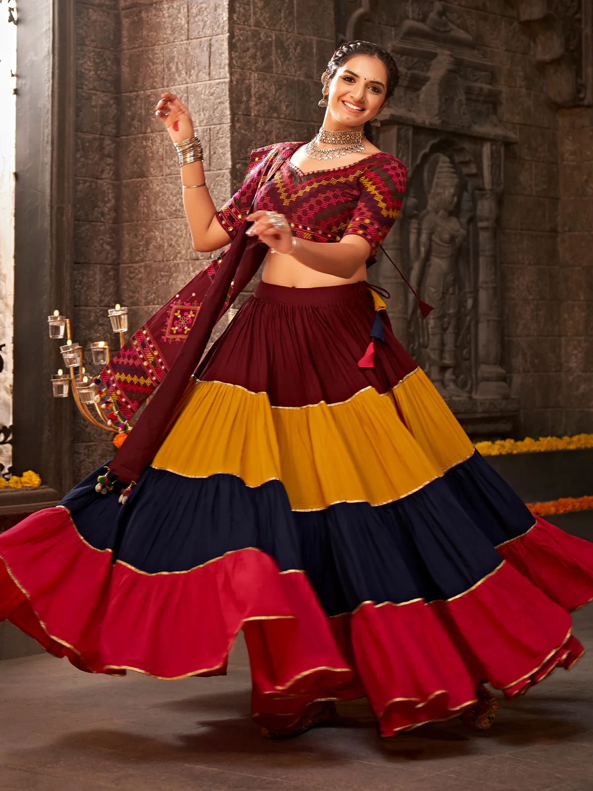 Odette Multicolor Viscose Rayon Embroidered Semi Stitched Lehenga Choli For Women - Image 3