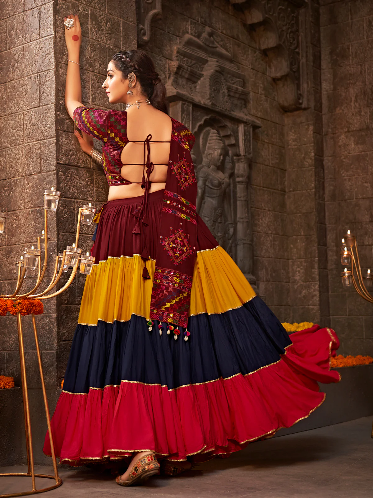 Odette Multicolor Viscose Rayon Embroidered Semi Stitched Lehenga Choli For Women - Image 5