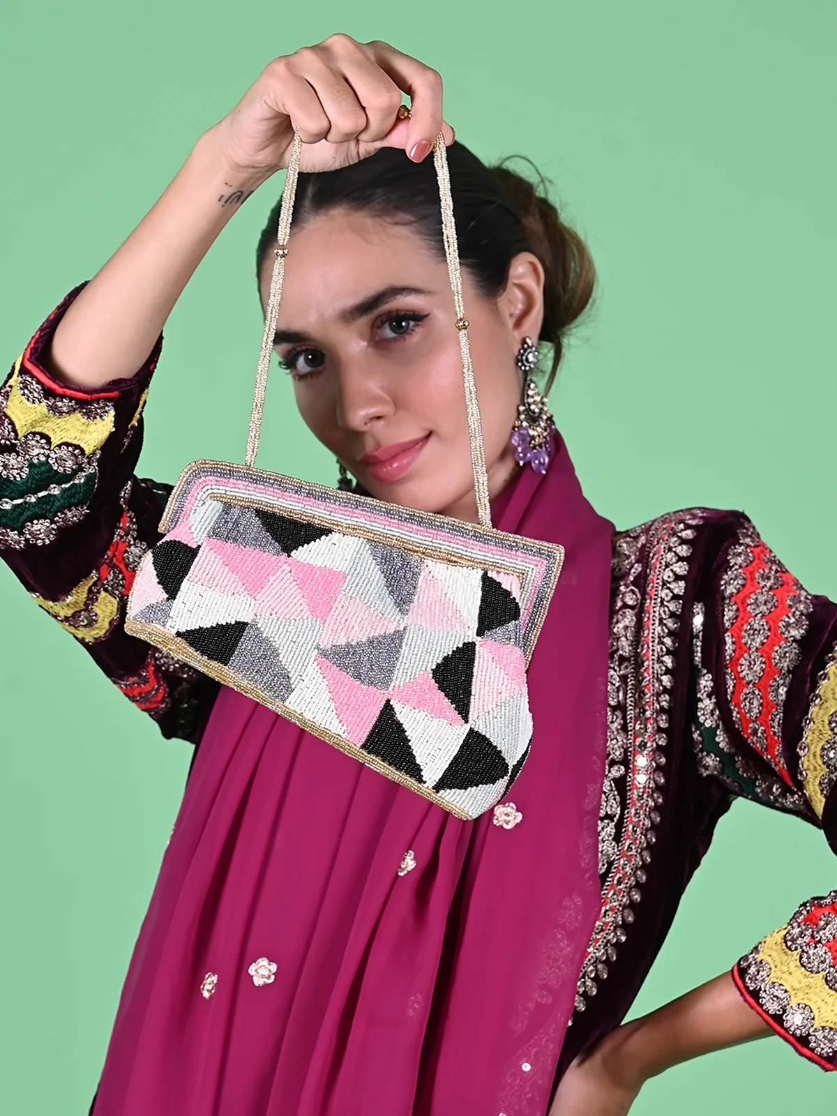 Odette Multi Fabric Beaded Clutch For Women - Image 2