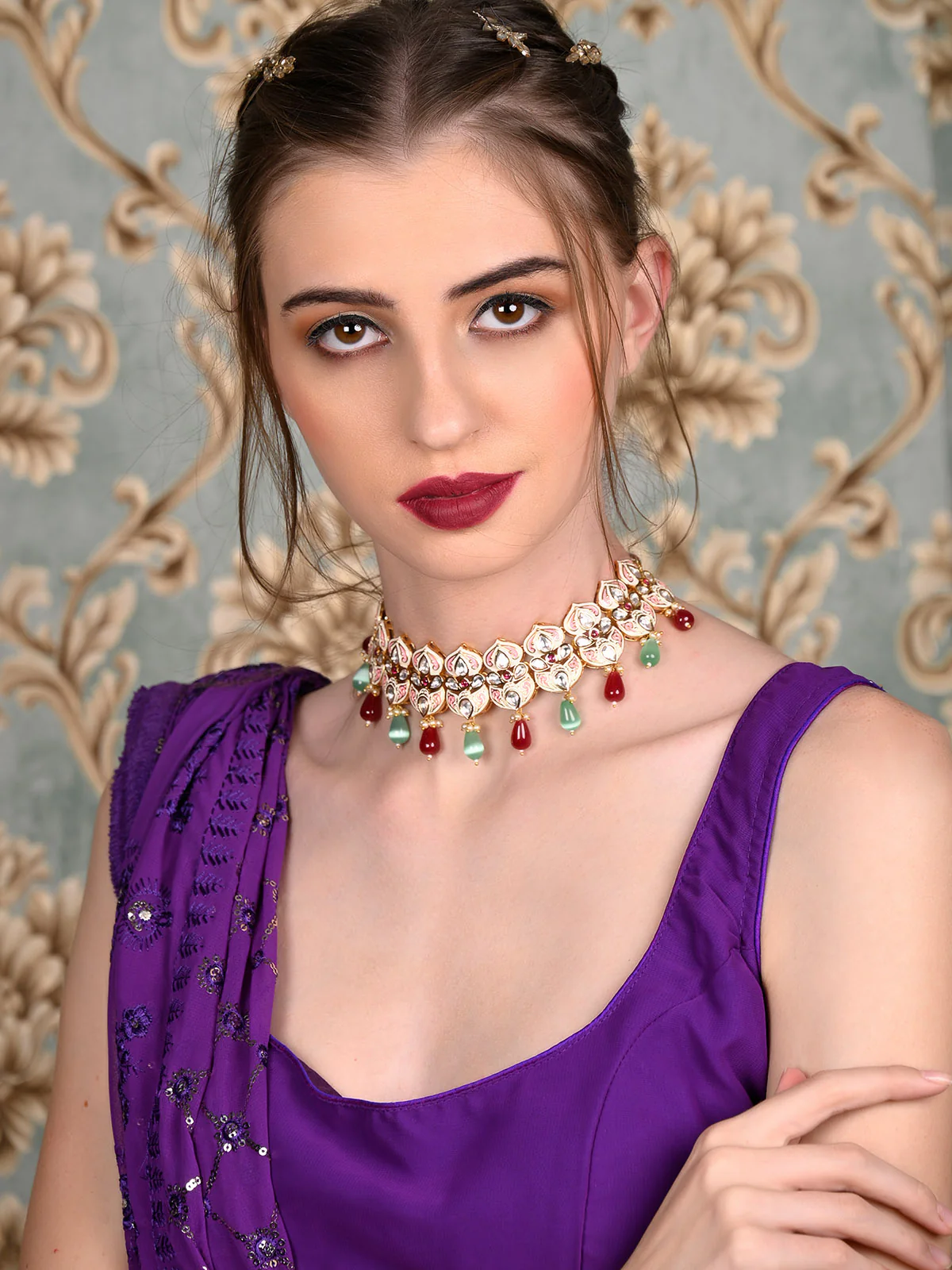 Odette Women Multicolored Meenakari Choker Necklace Set - Image 2