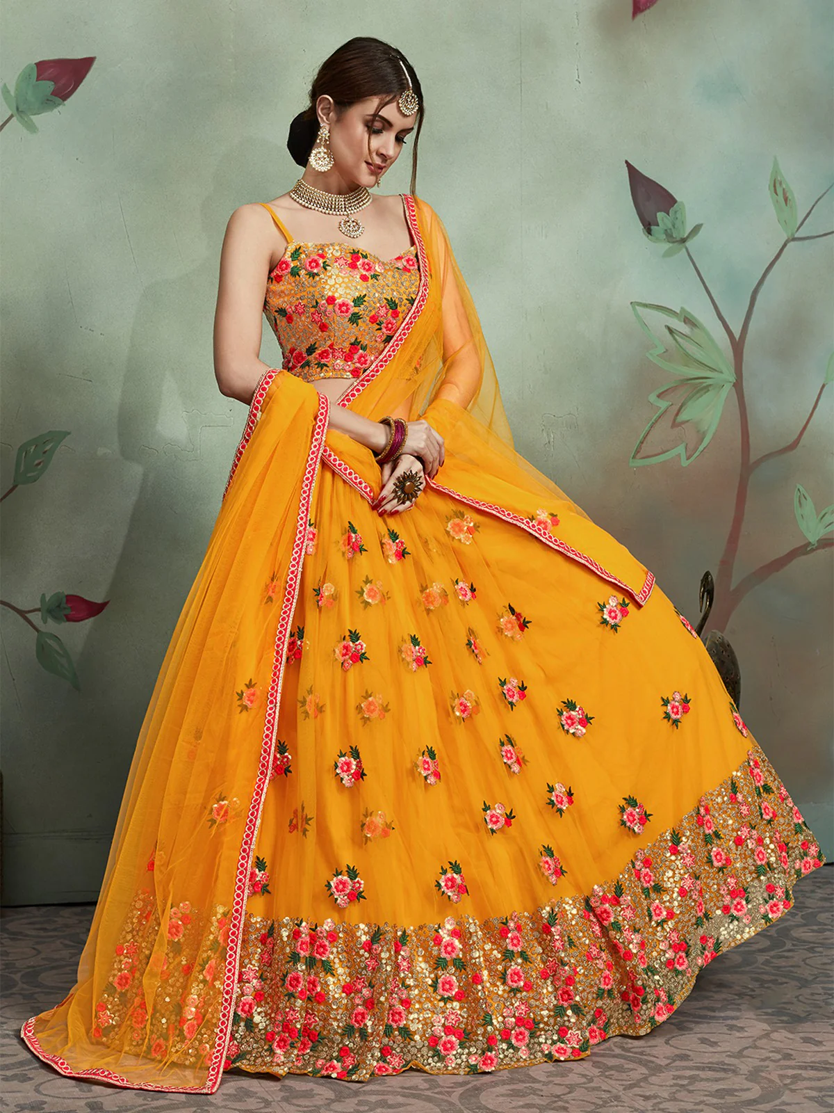 Odette Women Mustard Color Soft Net Sequins Semi Stitched Lehenga With Unstitched Blouse - Image 2
