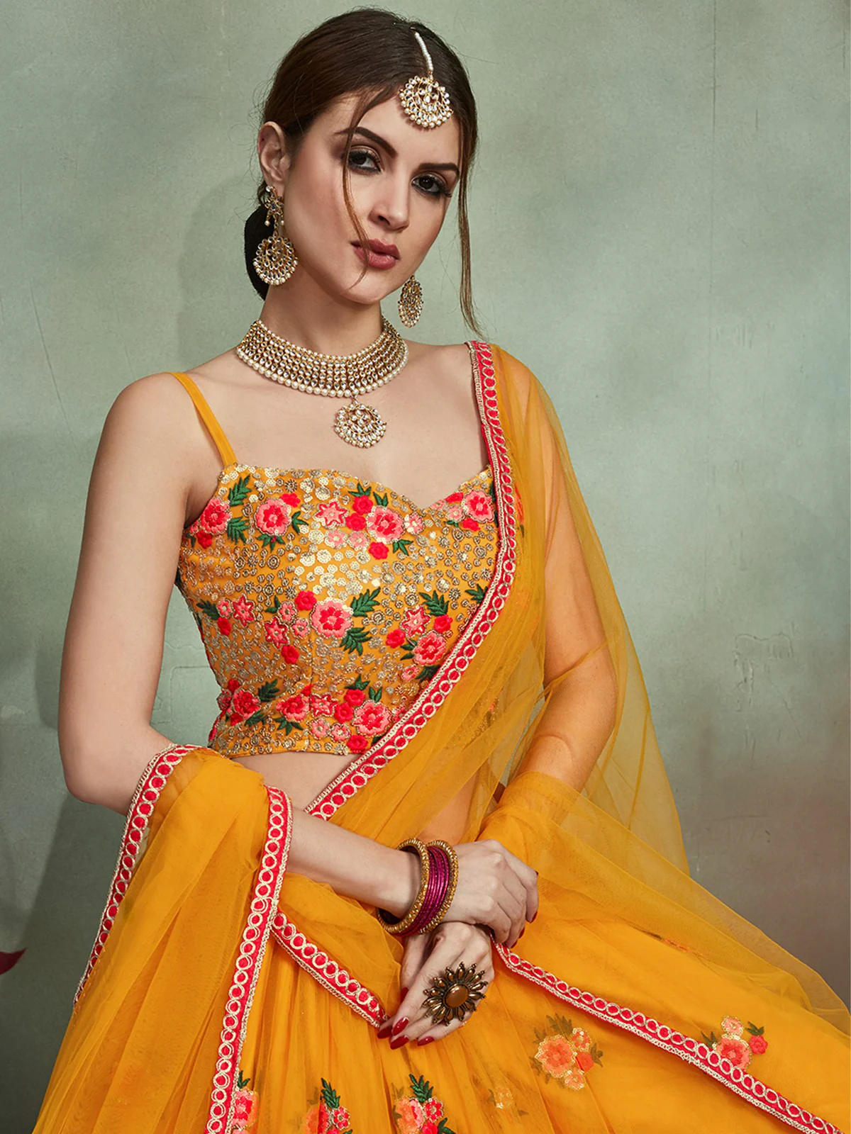 Odette Women Mustard Color Soft Net Sequins Semi Stitched Lehenga With Unstitched Blouse - Image 4