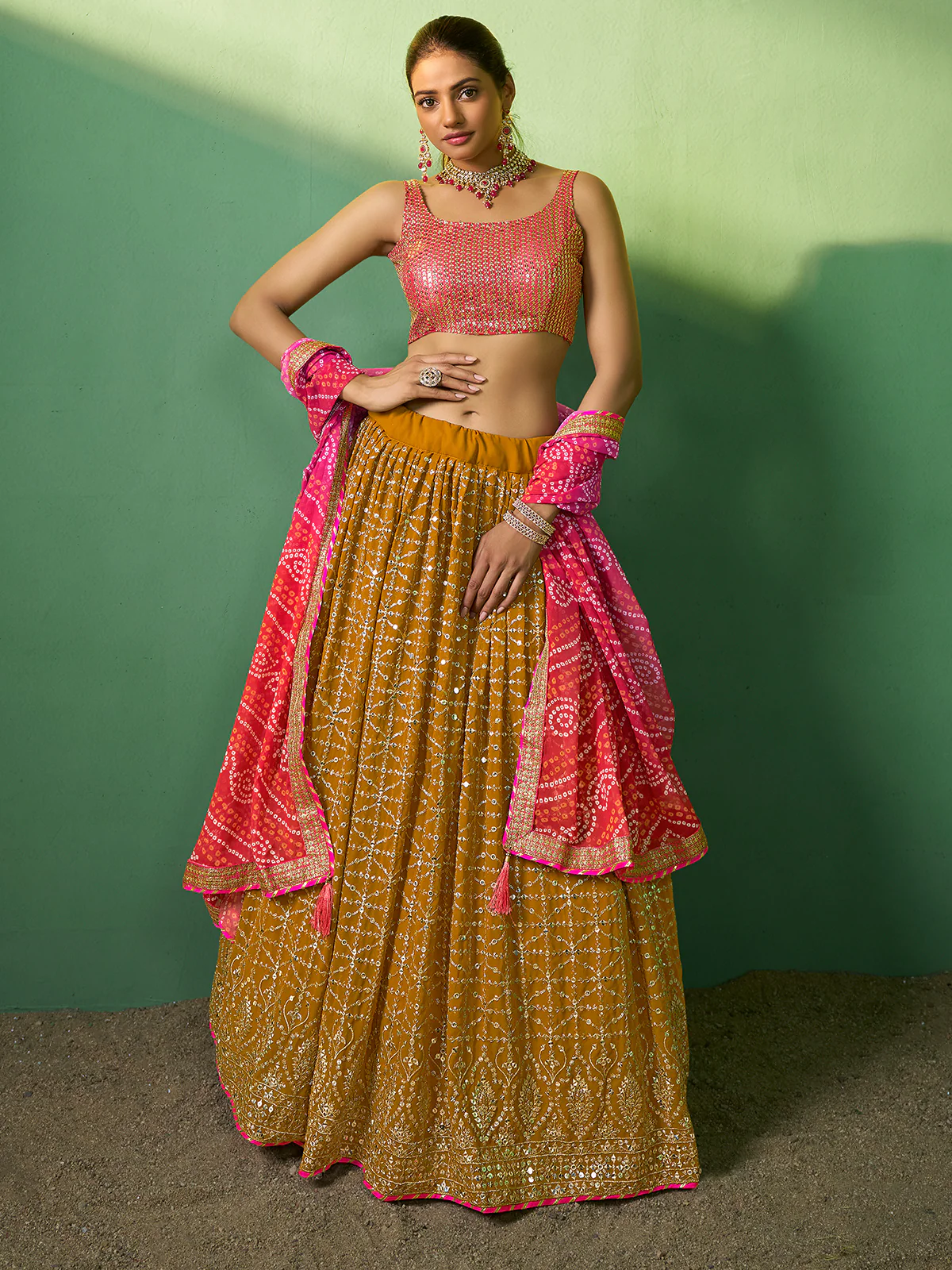 Odette Women Mustard Embroidered Semi Stitched Lehenga With Unstitched Blouse