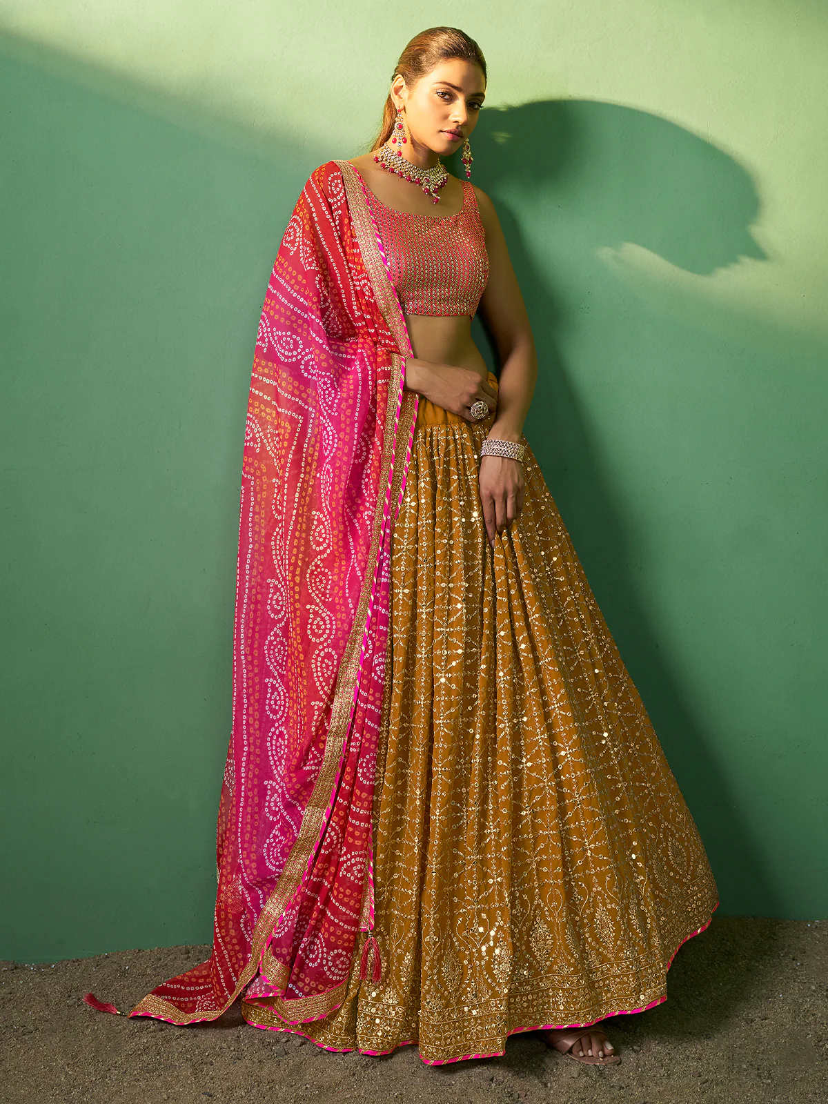 Odette Women Mustard Embroidered Semi Stitched Lehenga With Unstitched Blouse - Image 2