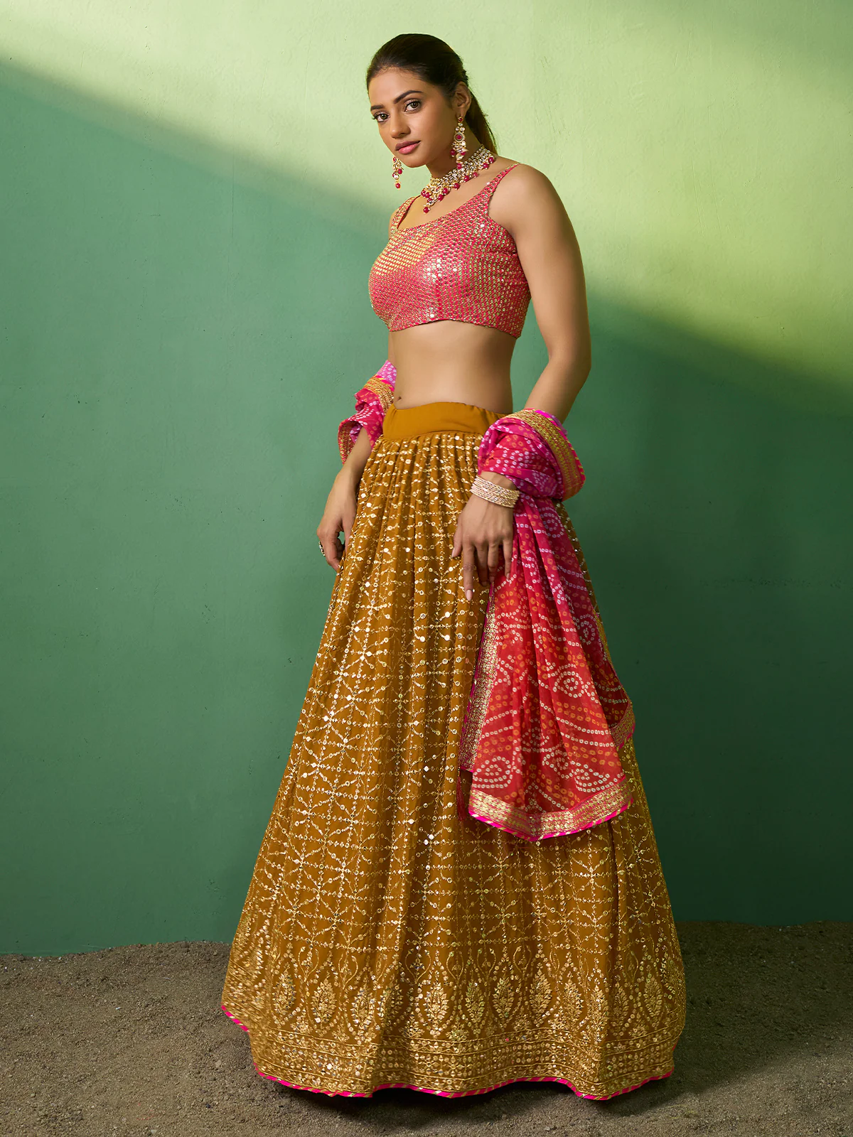 Odette Women Mustard Embroidered Semi Stitched Lehenga With Unstitched Blouse - Image 3