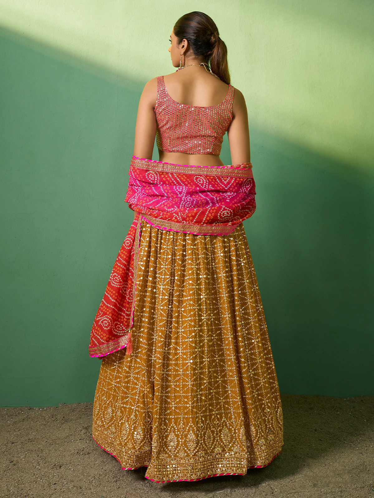 Odette Women Mustard Embroidered Semi Stitched Lehenga With Unstitched Blouse - Image 4