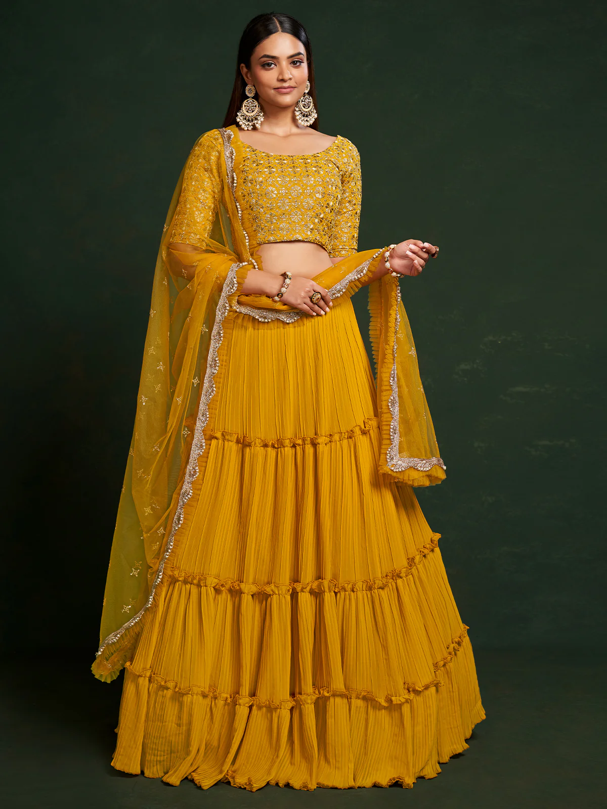 Odette Women Mustard Faux Georgette Embroidered Semi Stitched Lehenga Choli - Image 2