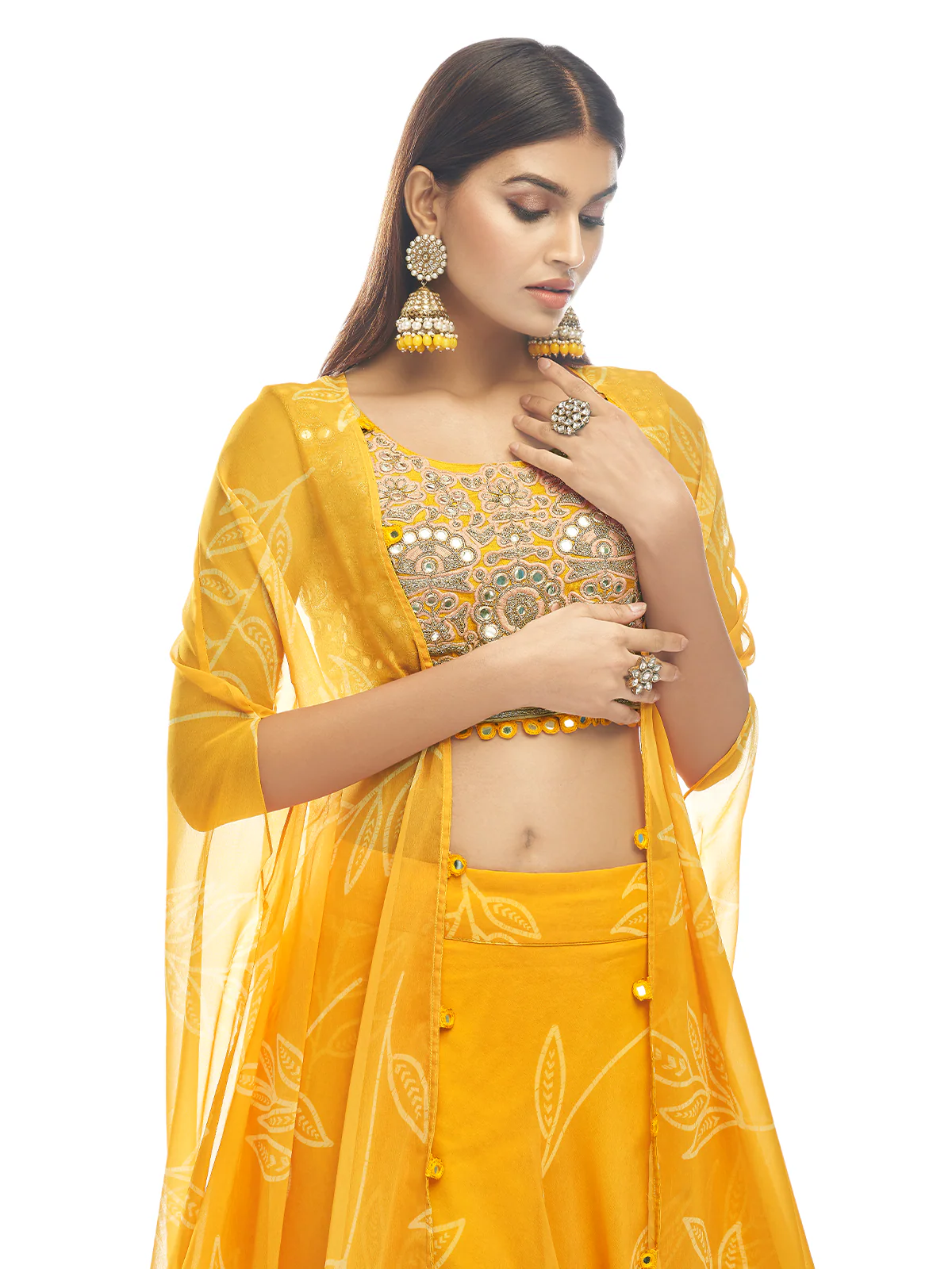 Odette Women Mustard Embroidered Organza Semi Stitched Lehenga With Unstitched Blouse - Image 3