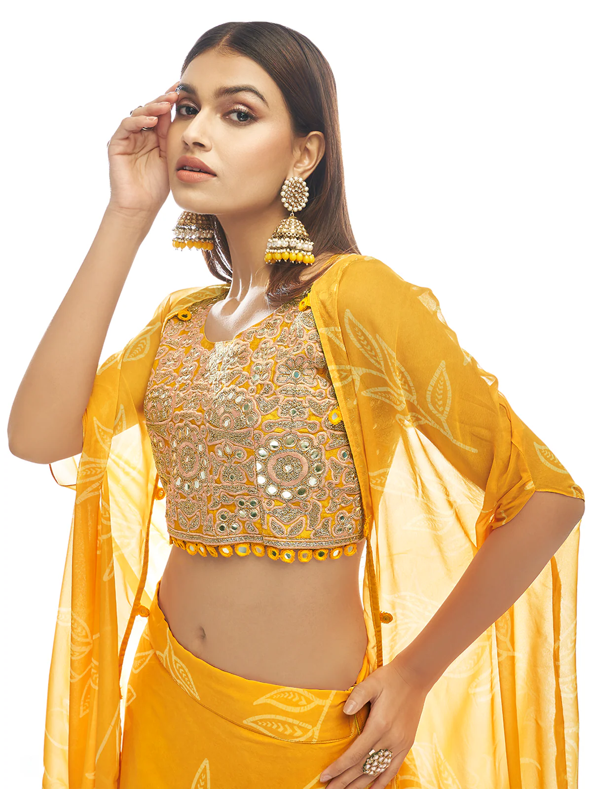 Odette Women Mustard Embroidered Organza Semi Stitched Lehenga With Unstitched Blouse - Image 4
