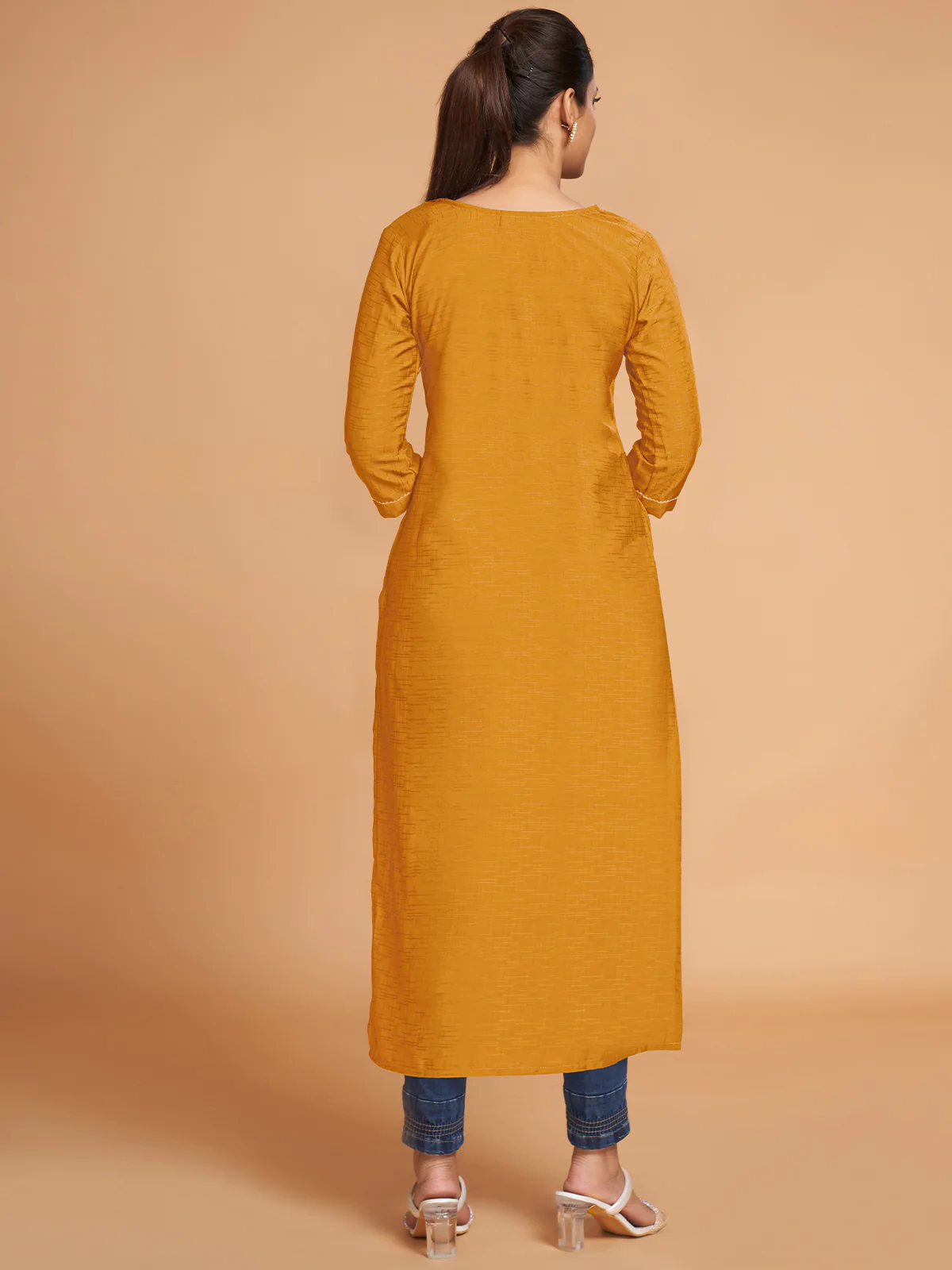 Odette Women Mustard Silk Blend Straight Cut Stitched Kurta - Image 4