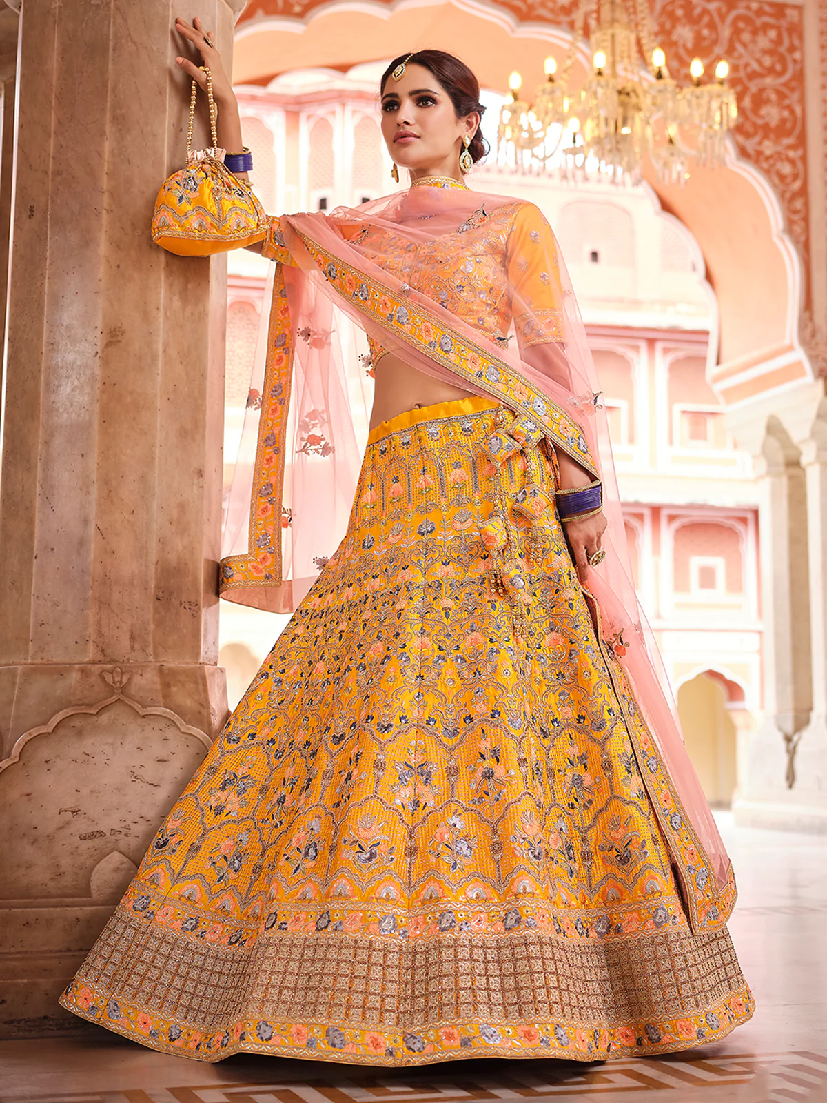Odette Women Mustard Swarovski Embroidered Crepe Semi Stitched Lehenga With Unstitched Blouse - Image 2