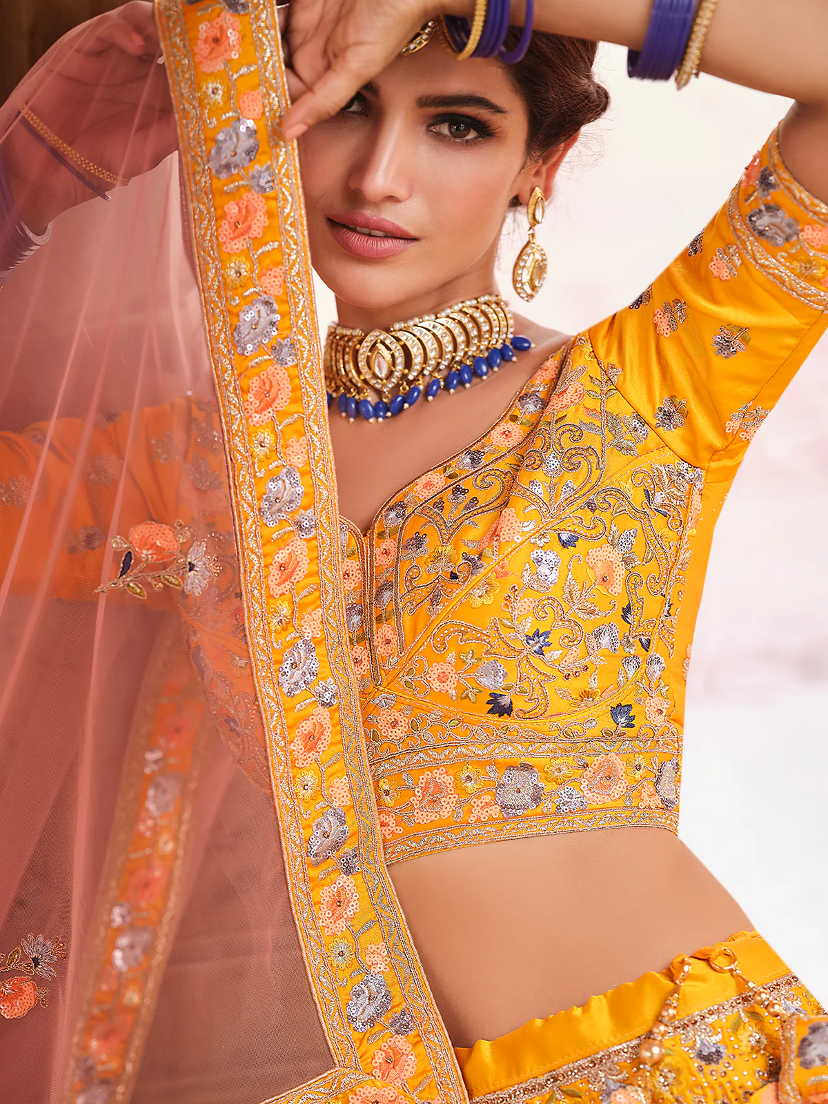 Odette Women Mustard Swarovski Embroidered Crepe Semi Stitched Lehenga With Unstitched Blouse - Image 4