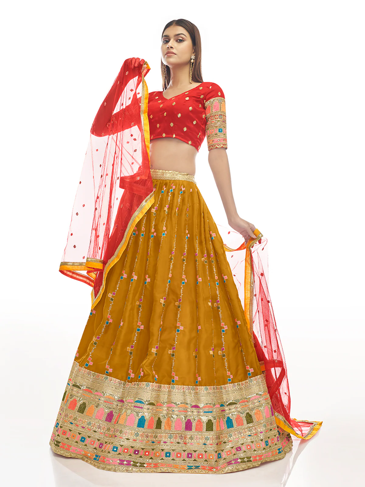 Odette Women Mustard Embroidered Georgette Semi Stitched Lehenga With Unstitched Blouse - Image 2