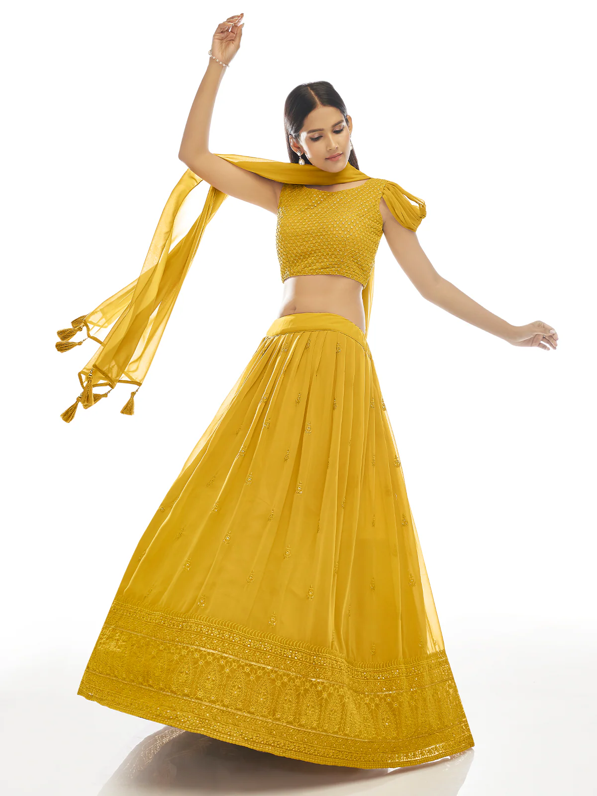 Odette Mustard Embroidered Georgette Semi Stitched Lehenga With Unstitched Blouse For Women - Image 2