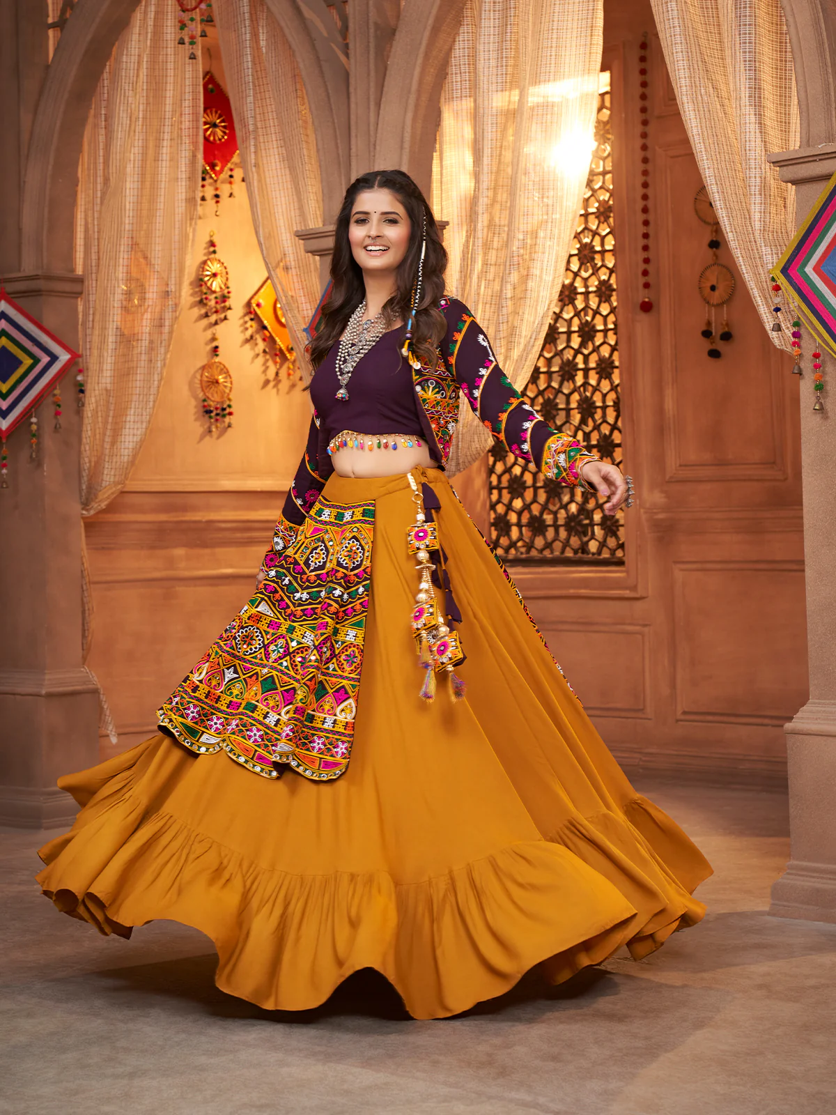 Odette Mustard Viscose Rayon Embroidered Stitched Lehenga Choli For Women - Image 2