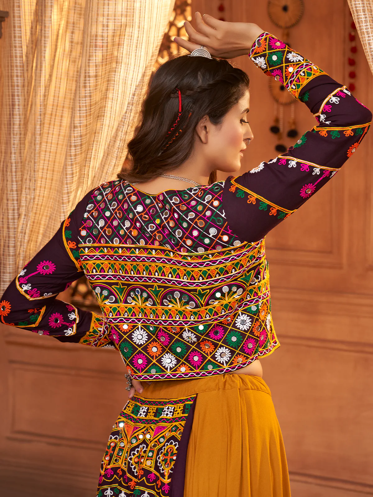 Odette Mustard Viscose Rayon Embroidered Stitched Lehenga Choli For Women - Image 4