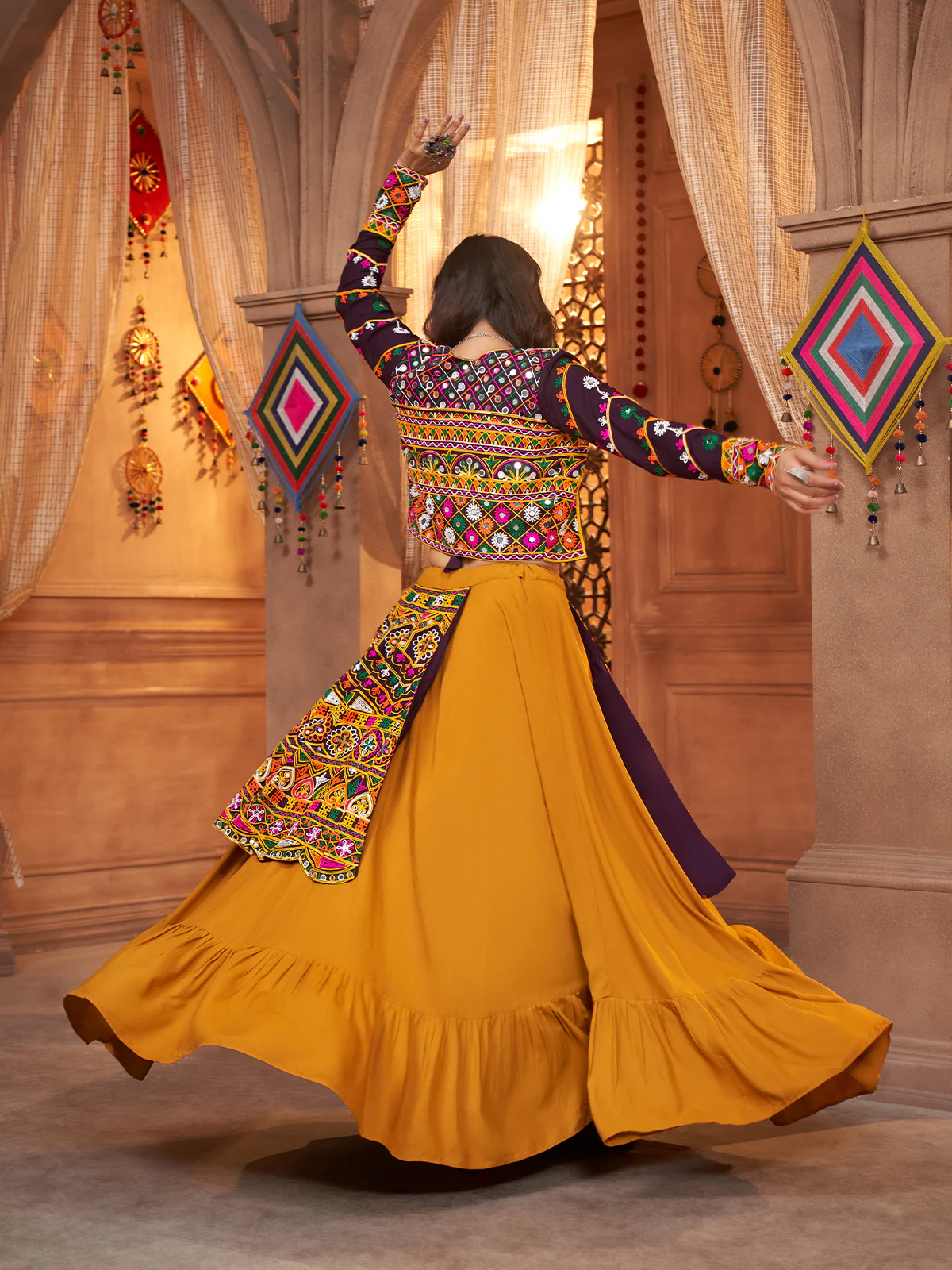 Odette Mustard Viscose Rayon Embroidered Stitched Lehenga Choli For Women - Image 5