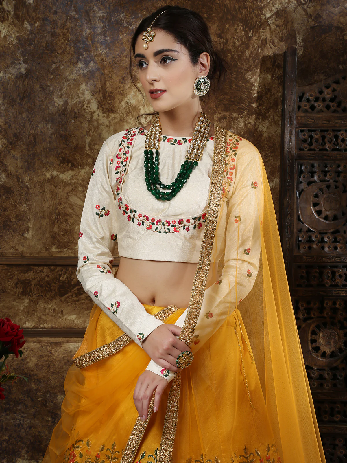 Odette Women Mustard Yellow Thai Silk Embroidered Semi Stitched Lehenga With  Unstitched Blouse - Image 2