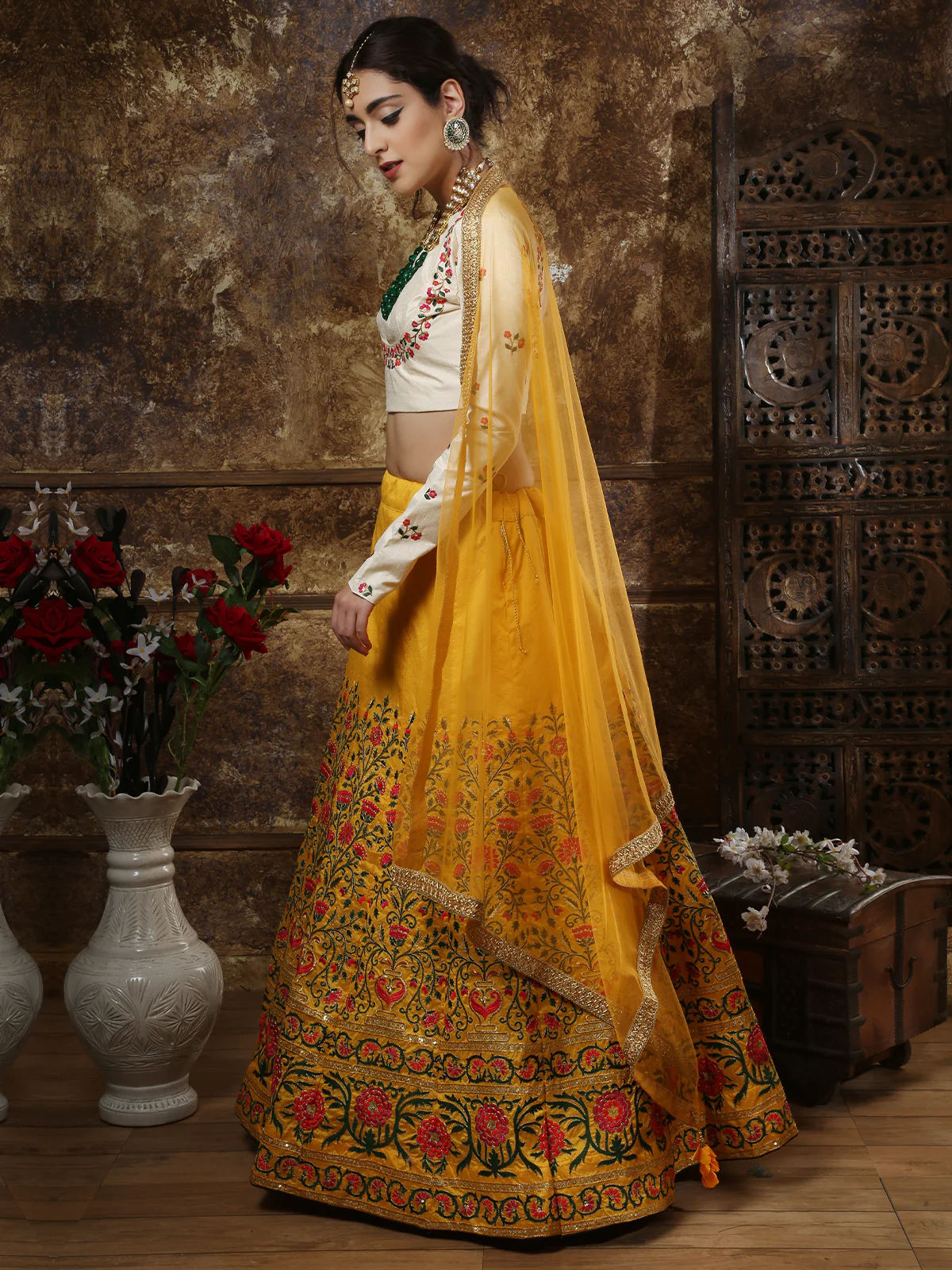 Odette Women Mustard Yellow Thai Silk Embroidered Semi Stitched Lehenga With  Unstitched Blouse - Image 3