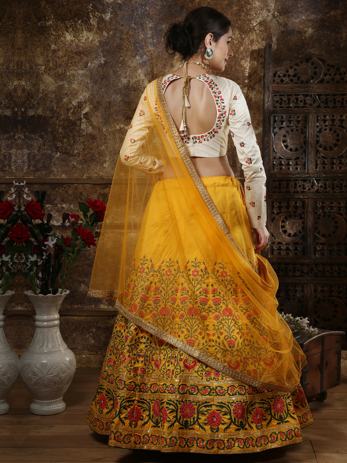 Odette Women Mustard Yellow Thai Silk Embroidered Semi Stitched Lehenga With  Unstitched Blouse - Image 4