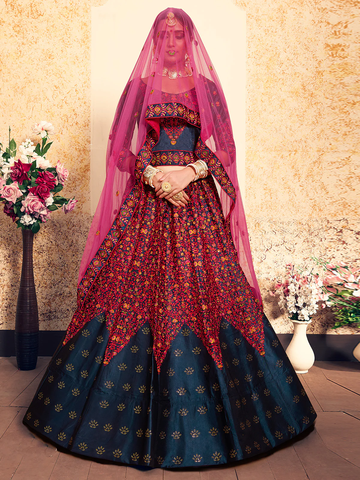 Odette Women Dark Blue Designer Semi Stitched Lehenga With Unstitched Blouse - Image 3