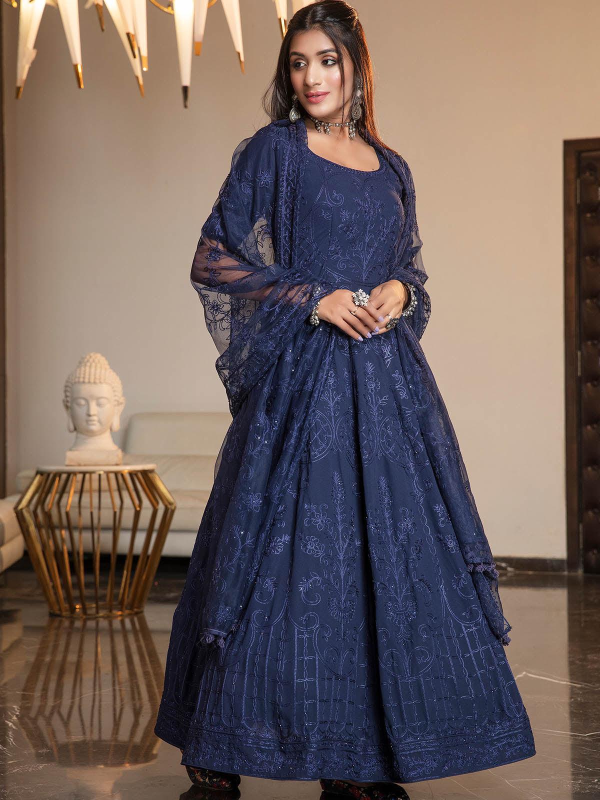 Odette Women Navy Blue Diamond Georgette Semi Stitched Anarkali - Image 3