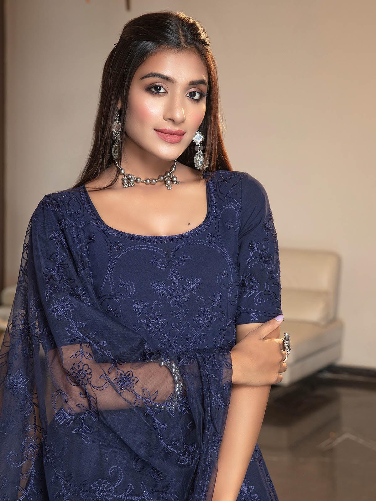 Odette Women Navy Blue Diamond Georgette Semi Stitched Anarkali - Image 4