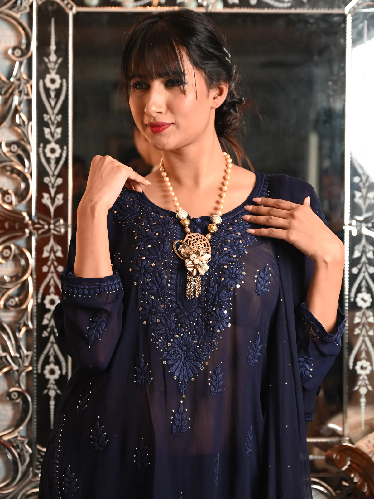 Odette Women Navy Blue Georgette Chikankari Embroidered Stitched Sharara Set - Image 4