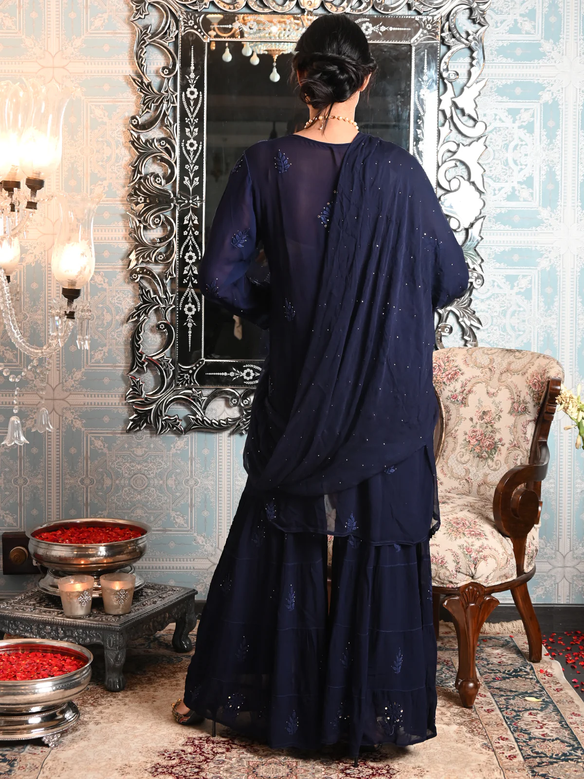 Odette Women Navy Blue Georgette Chikankari Embroidered Stitched Sharara Set - Image 5