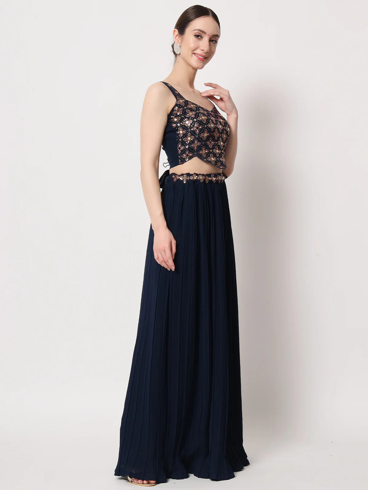 Odette Women Navy Blue Georgette Semi Stitched Lehenga With Unstitched Blouse - Image 3