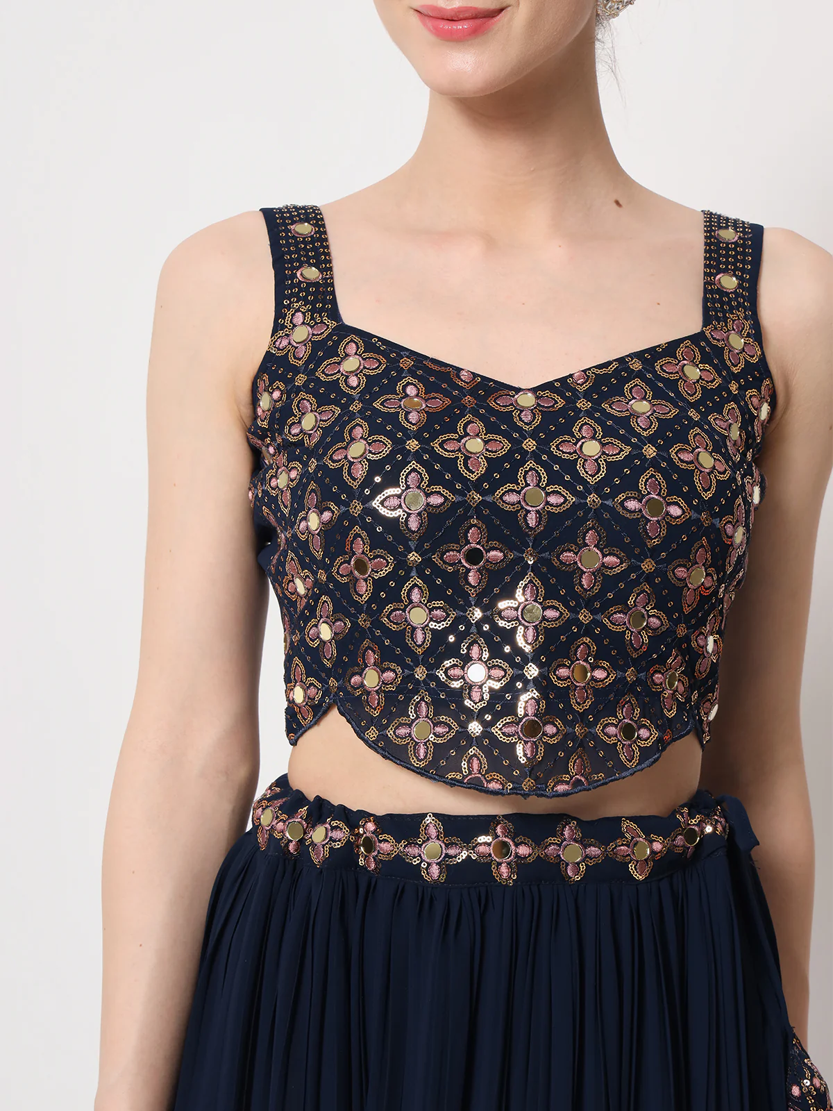 Odette Women Navy Blue Georgette Semi Stitched Lehenga With Unstitched Blouse - Image 5