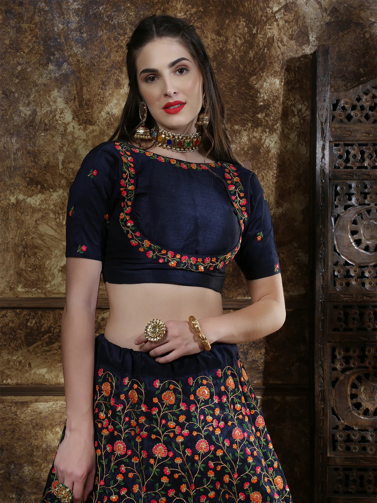 Odette Women Dark Blue Blend Silk Embroidered Semi Stitched Lehenga With  Unstitched Blouse - Image 2