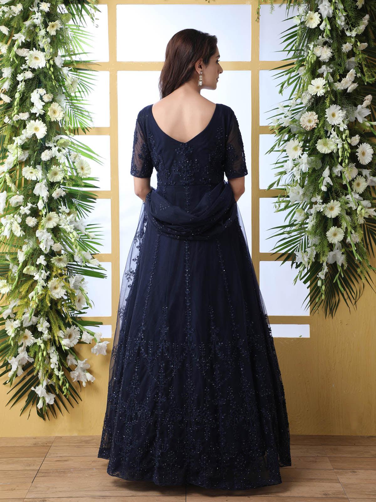Odette Women Dark Blue Net Semi Stitched Gown - Image 2
