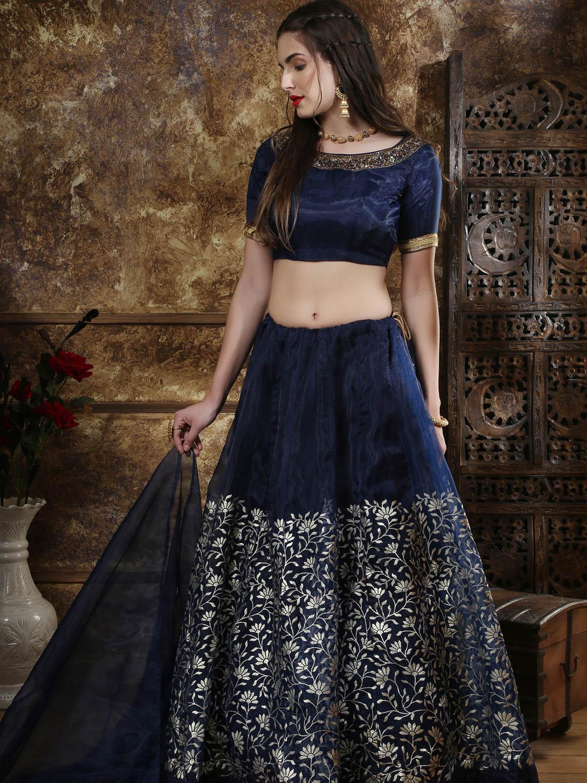 Odette Women Navy Blue Organza Embroidered Semi Stitched Lehenga With  Unstitched Blouse - Image 2
