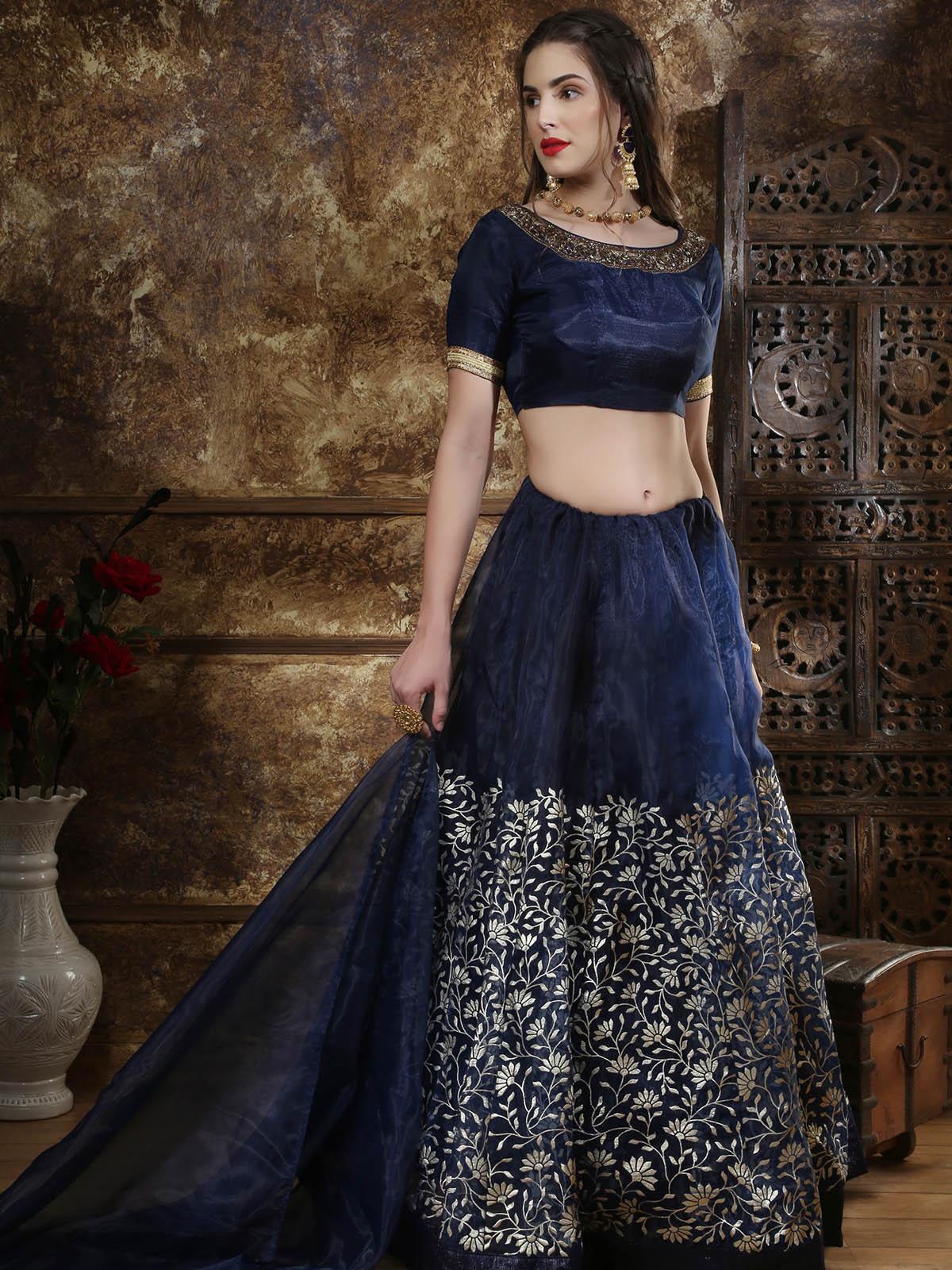 Odette Women Navy Blue Organza Embroidered Semi Stitched Lehenga With  Unstitched Blouse - Image 4