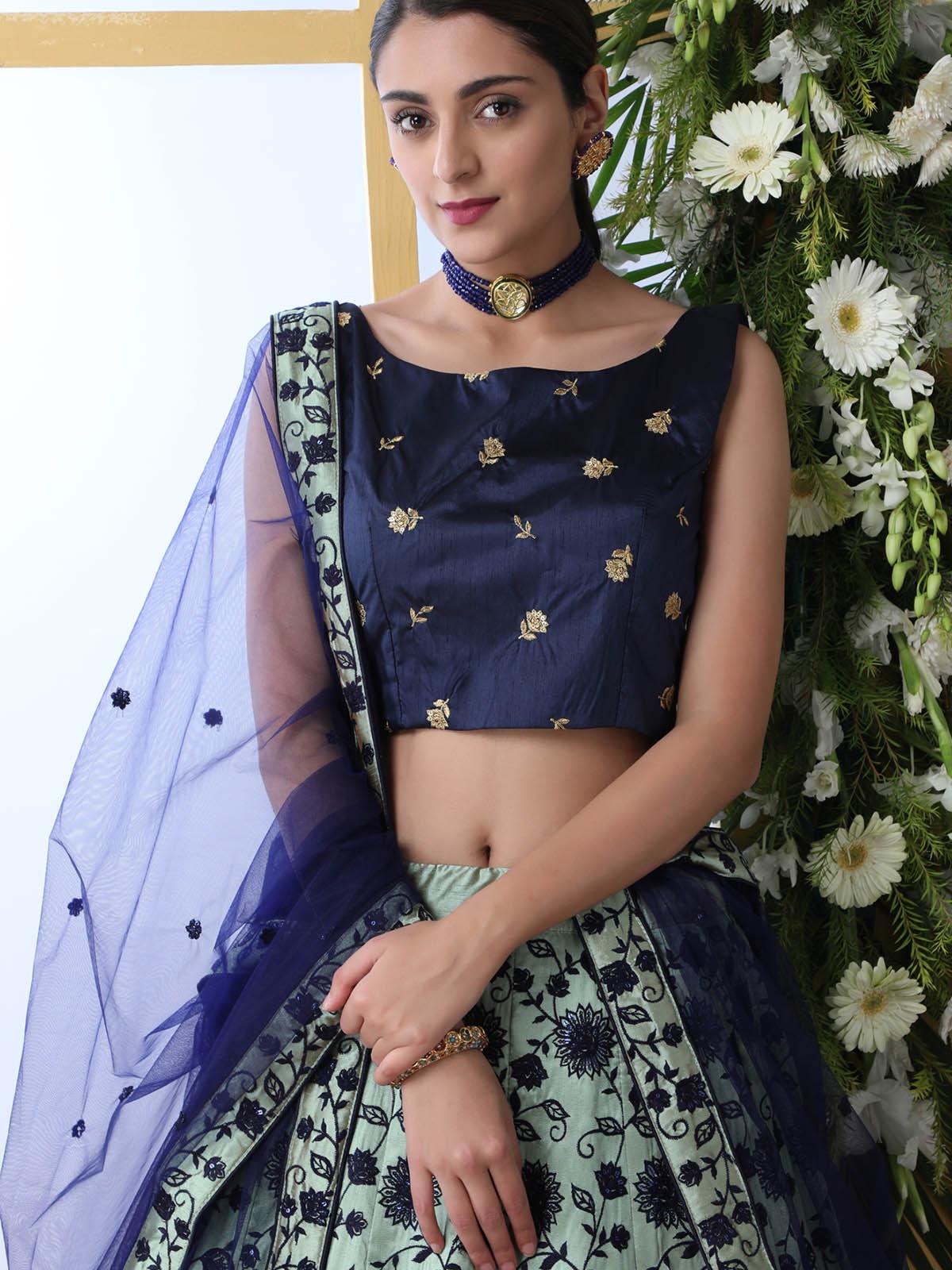 Odette Women Navy Blue Sequins Art Sillk Semi Stitched Lehenga With  Unstitched Blouse - Image 4