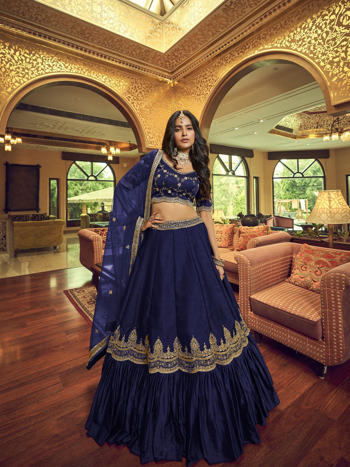 Odette Women Navy Blue Silk And Satin Semi Stitched Lehenga With  Unstitched Blouse - Image 2