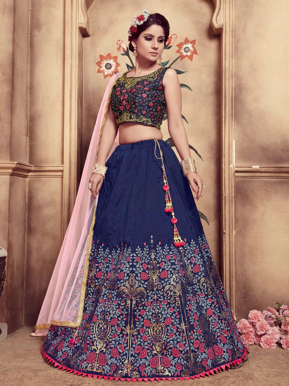 Odette Women Dark Blue Silk Foil Work Semi Stitched Lehenga With  Unstitched Blouse - Image 2