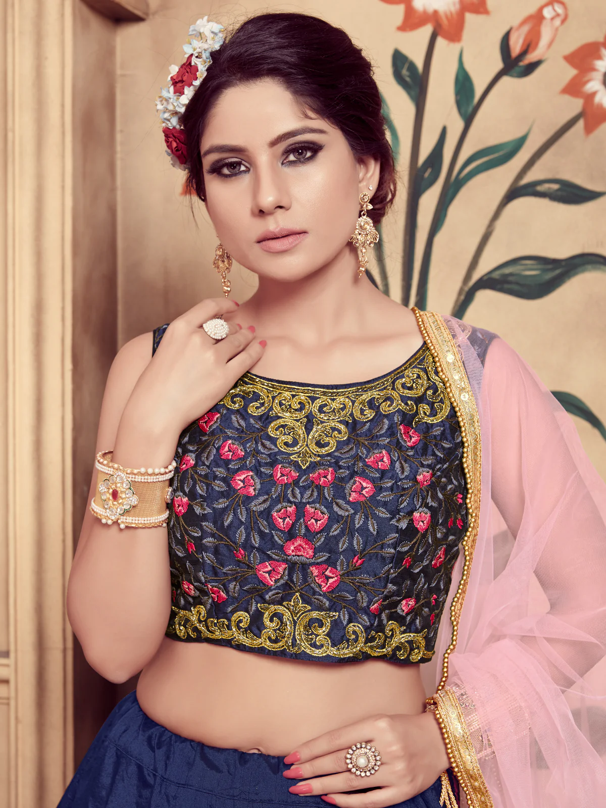 Odette Women Dark Blue Silk Foil Work Semi Stitched Lehenga With  Unstitched Blouse - Image 4