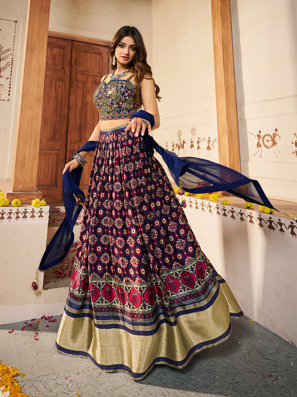 Odette Women Navy Blue  Silk Printed Semi Stitched Lehenga With Unstitched Blouse - Image 2