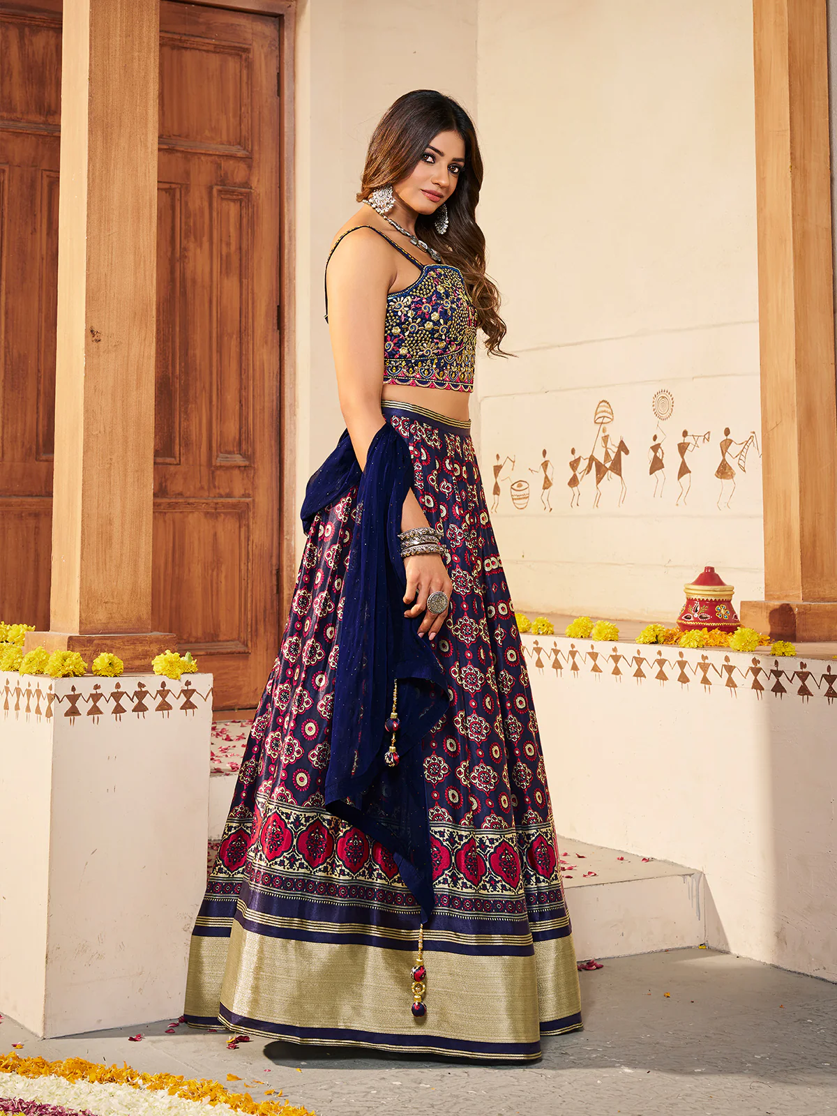 Odette Women Navy Blue  Silk Printed Semi Stitched Lehenga With Unstitched Blouse - Image 3