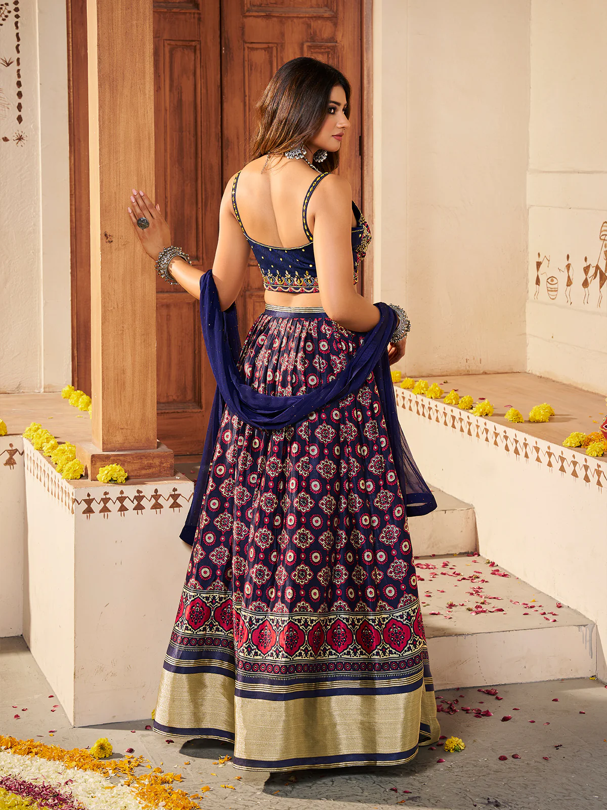 Odette Women Navy Blue  Silk Printed Semi Stitched Lehenga With Unstitched Blouse - Image 4