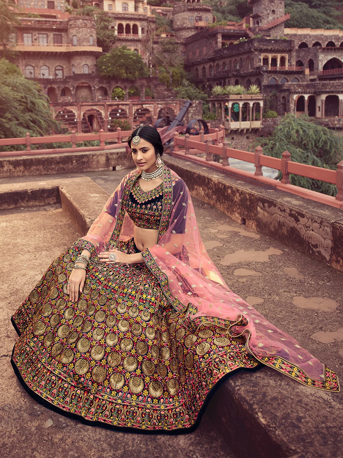 Odette Women Navy Blue Thread With Mutli Sequins Work Semi Stitched Lehenga With Unstitched Blouse - Image 3