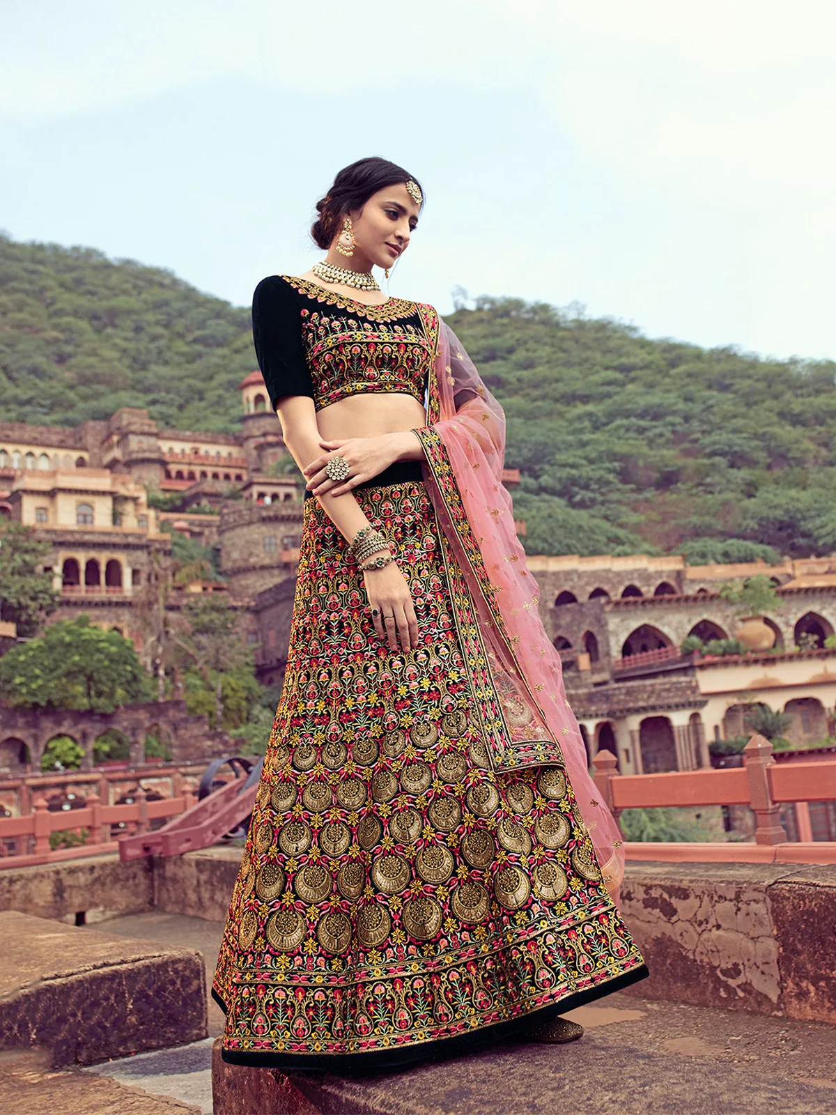 Odette Women Navy Blue Thread With Mutli Sequins Work Semi Stitched Lehenga With Unstitched Blouse - Image 4